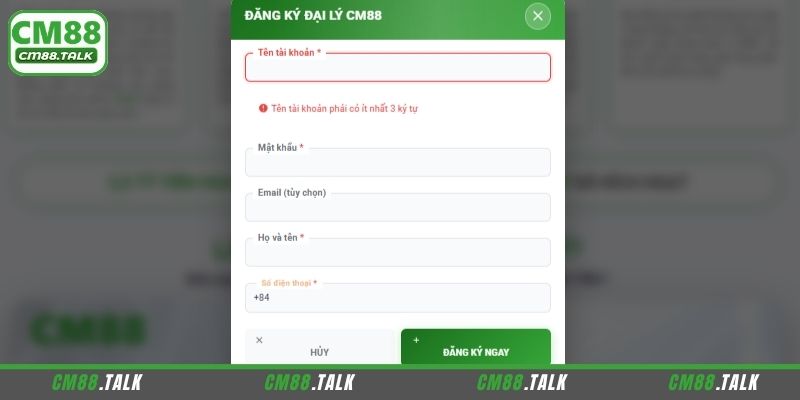 Lưu ý đăng ký tài khoản đại lý trên CM88